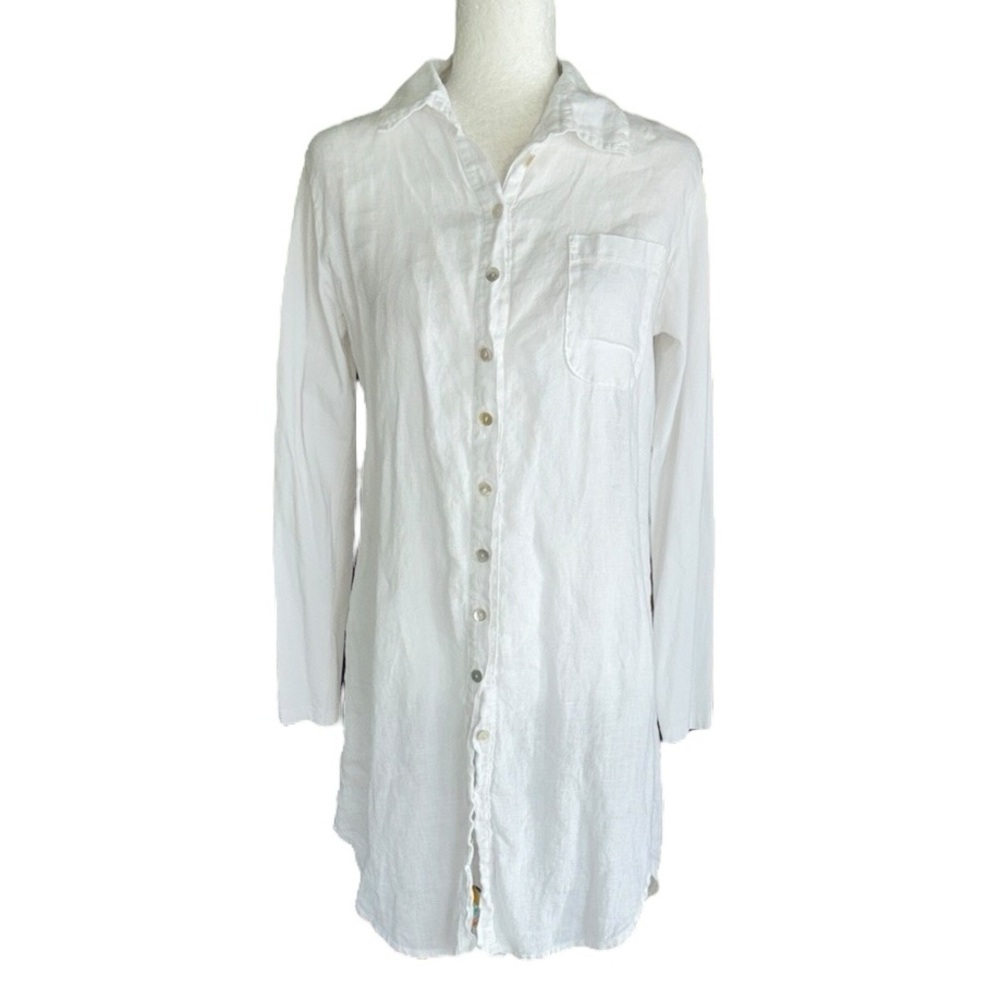 Inizio Italy White Linen & Knit Long Sleeve Button Down Mini Shirt Dress - S